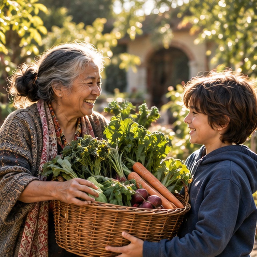 Illustrative concept photograph of an elder and a child with vegetables. Not a documented event or named people.