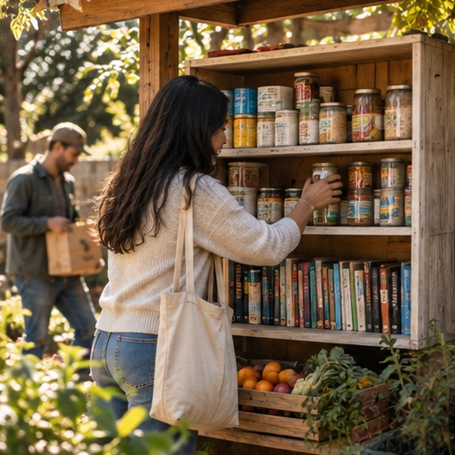 Illustrative concept photograph of people at a pantry shelf. Decorative only; not a real organization or event.